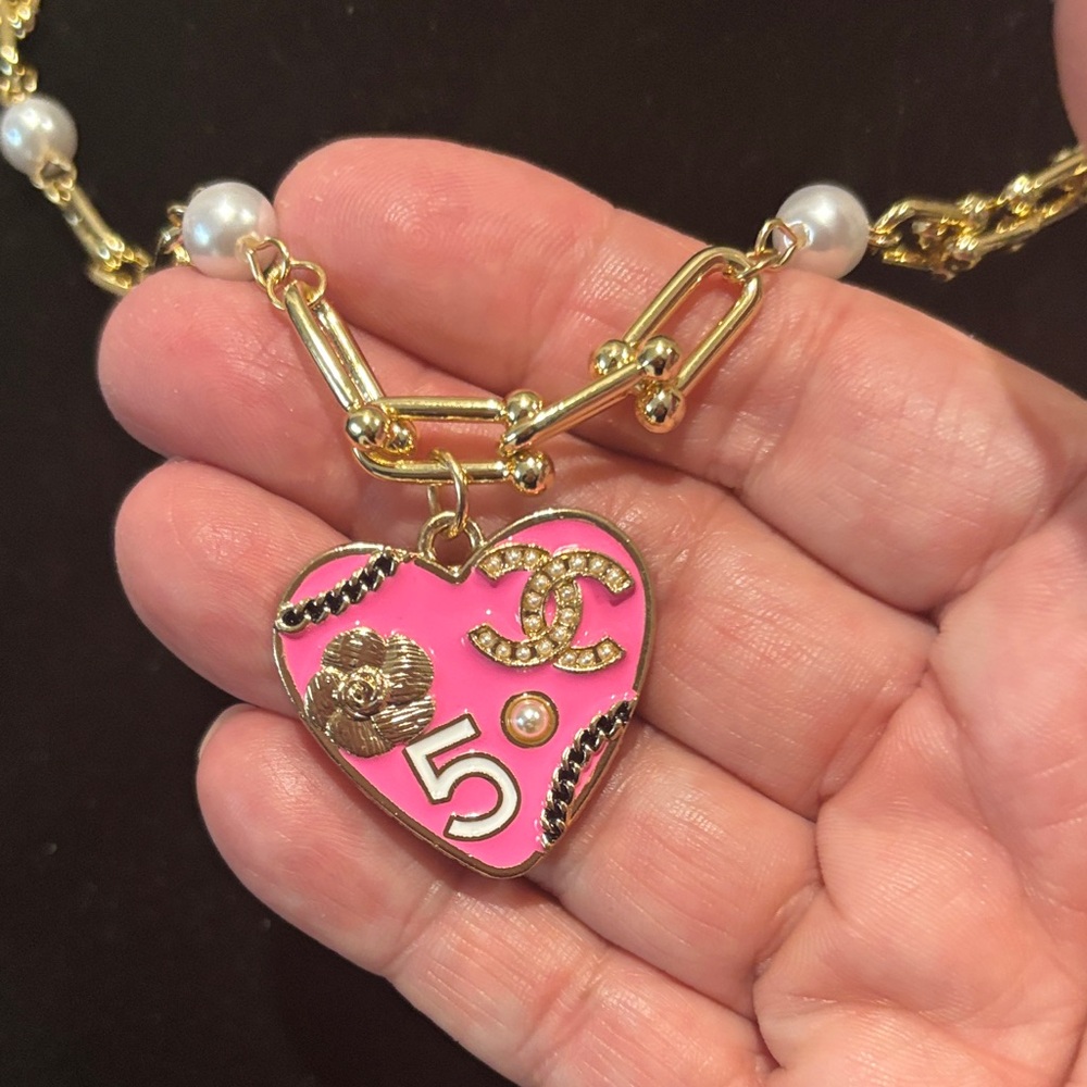 Gold-Plated & Pearl Chain Necklace with Designer Pink Heart Pendant - Picture 2 of 5